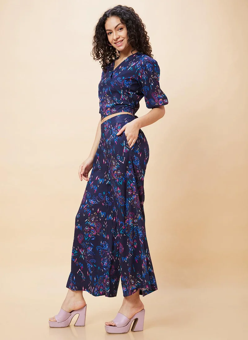 globus Globus Women Paisley Print Wrap Tie-Back Crop Top & Flared Palazzos Co-Ord Set